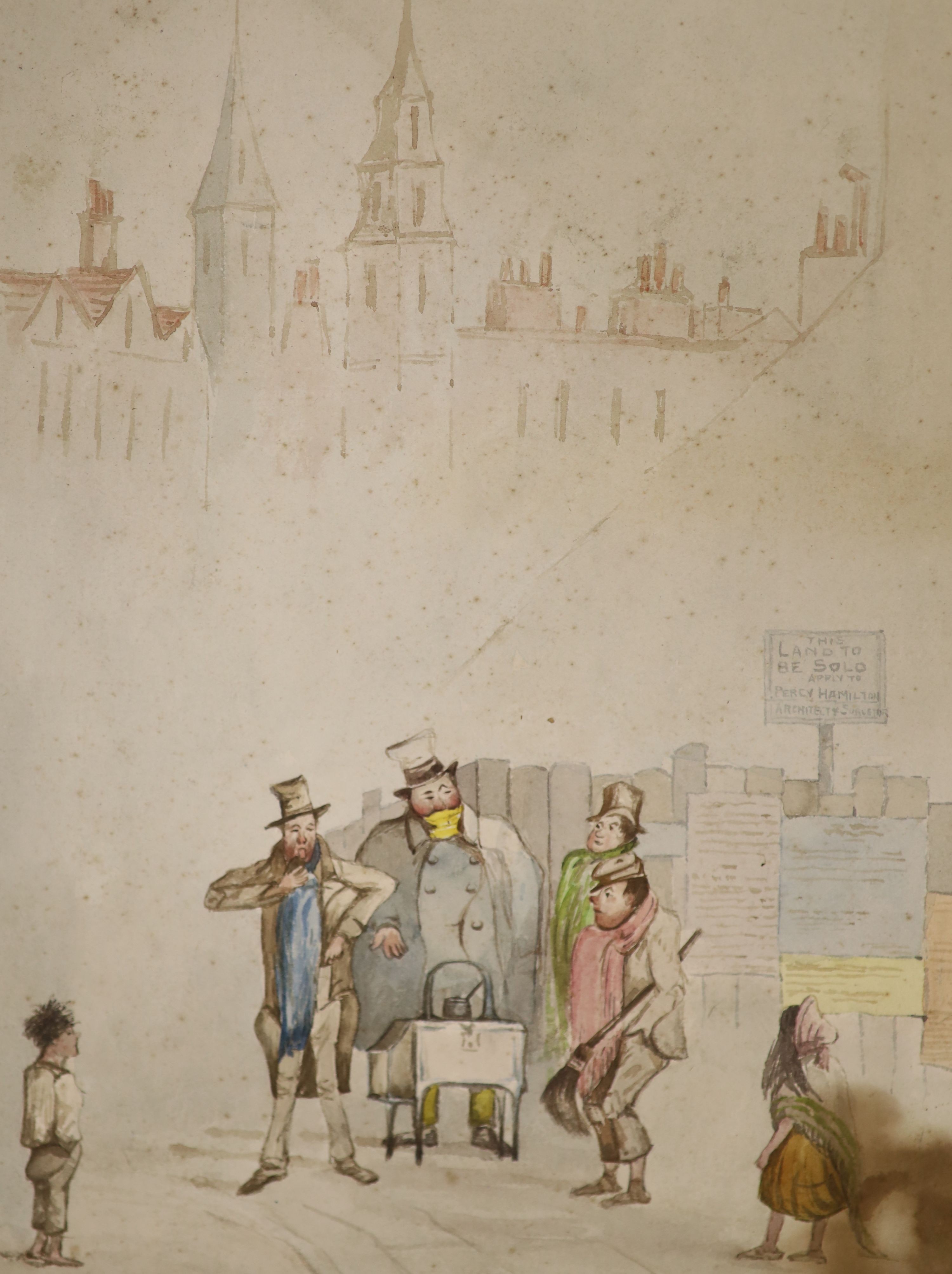 After W. Simpson, two coloured lithographs, Interior of Lord Raglands Headquarters and Hospital and Cemetery at Scutari, 36 x 45cm, with two other prints and a watercolour by Percy Hamilton, unframed